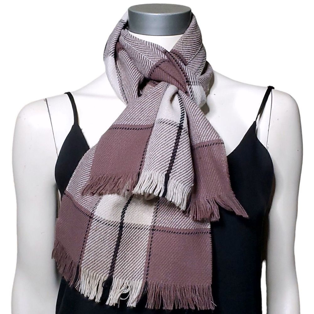 Plaid Fringe Square Raw Hem Scarf Brown Tan